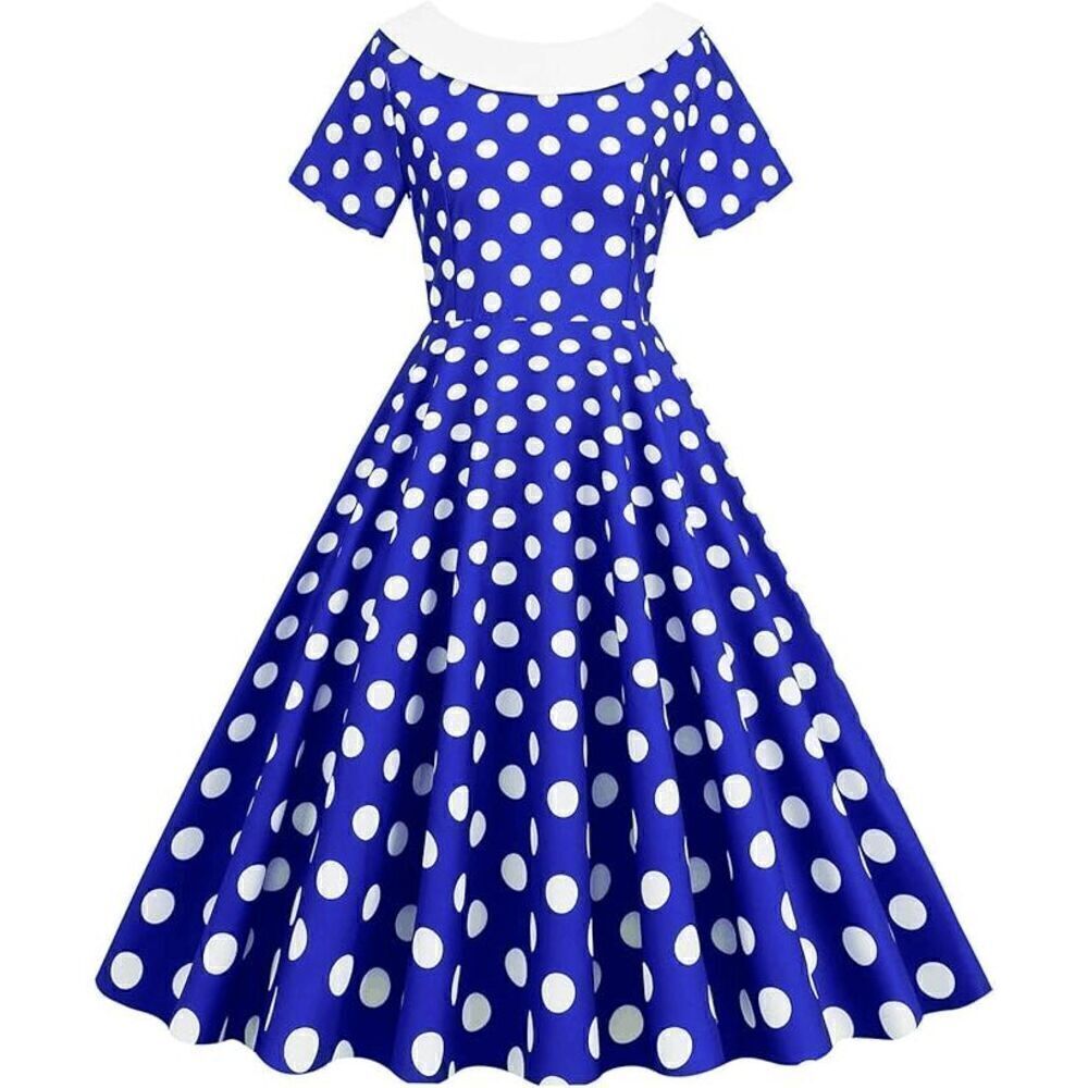 💙 NEW Pinup Retro 1950s Shawl Collar Bow Back Blue Polka Dot Tea Dress SIZE XL